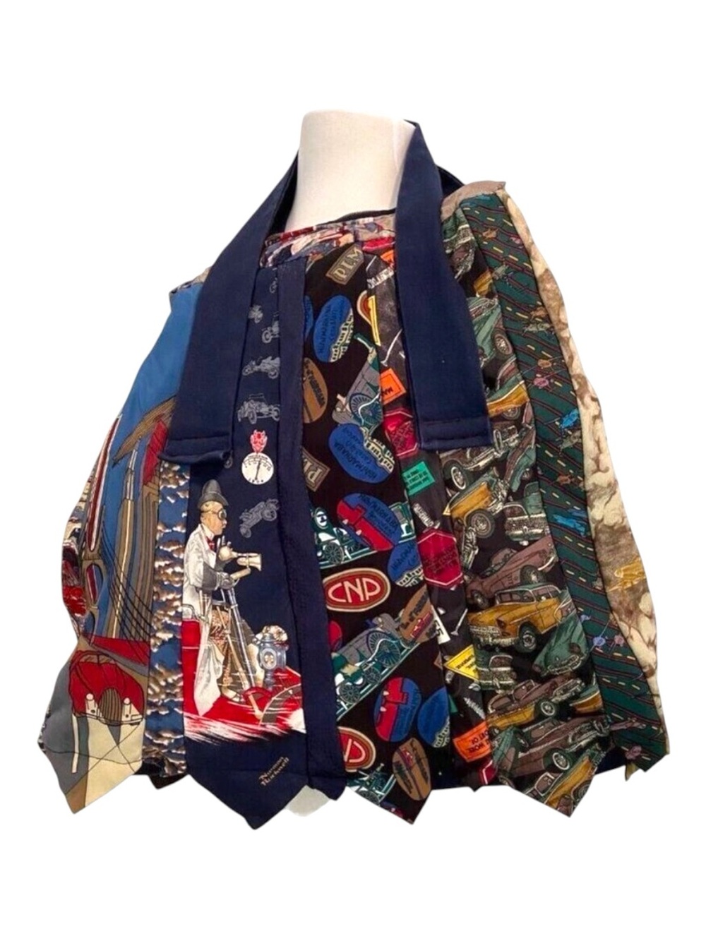Upcycled Vintage Silk Necktie Tote Bag handcrafted masculine illustrations tools
